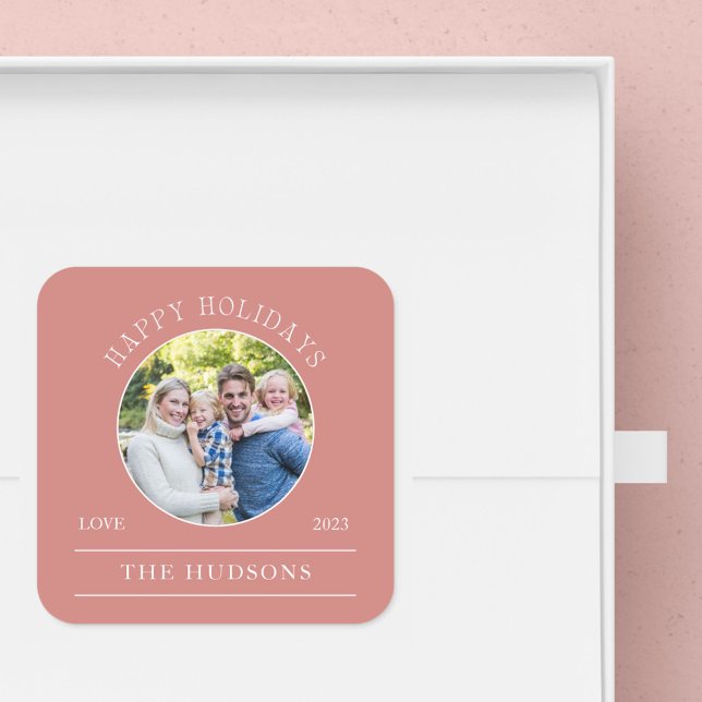 Dusty Pink Happy Holidays Circle Photo Square Sticker (Creator Uploaded)