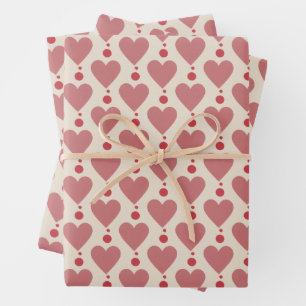 Dusty Pink Hearts and Red Dots on Cream Valentine Wrapping Paper Sheets