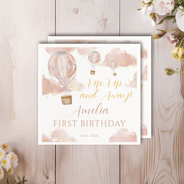 Dusty Pink Hot Air Balloon Theme Birthday Girl Napkins (Creator Uploaded)