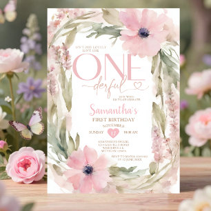 Dusty Pink Isn't She Onederful Birthday Flowers Invitation
