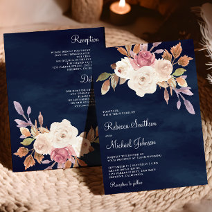 Dusty Pink Ivory Floral All in One Navy Wedding Invitation