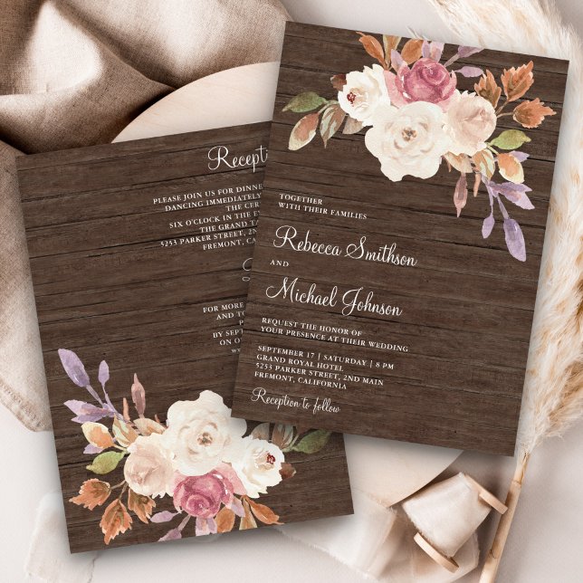 Dusty Pink Ivory Floral All in One Wood Wedding Invitation (Creator Uploaded)
