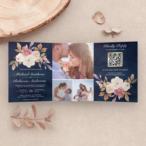 Dusty Pink Ivory Floral Navy Blue QR Code Wedding Tri_Fold Invitation