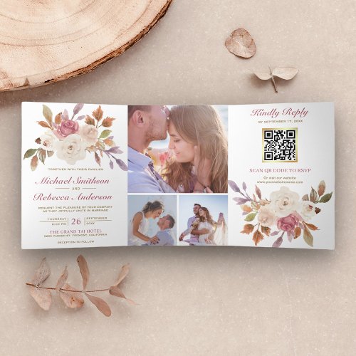 Dusty Pink Ivory Floral Photo QR Code Wedding Tri_Fold Invitation