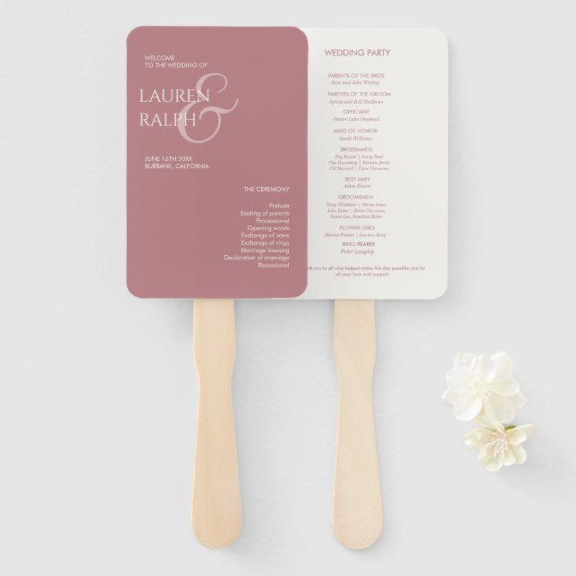 Dusty Pink Ivory Monogram Welcome Wedding Program Hand Fan (Front and Back)
