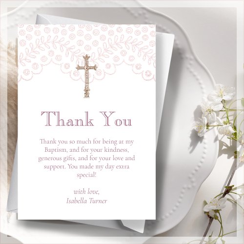 Dusty Pink Lace  Baptism Thank You Card