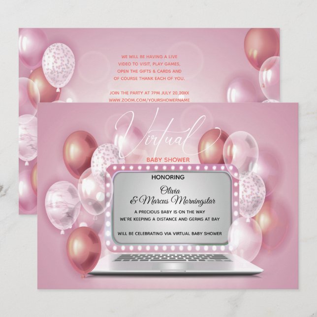 Dusty Pink Laptop Virtual Baby Girl Shower Invitation (Front/Back)
