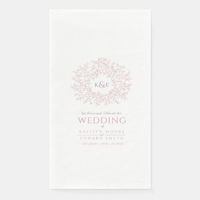 Dusty pink leaf circle monogram art wedding custom paper guest towels (Front)
