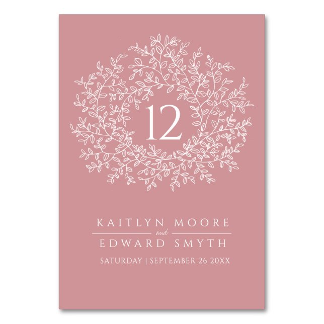 Dusty pink leaf circle monogram wedding custom table number (Front)