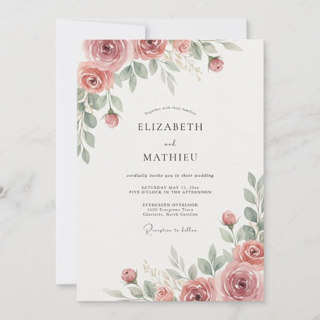 Dusty Pink Leafy Wedding Invitation (Front)