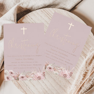 Dusty Pink Mauve Baby Girls Christening Rose Gold Foil Invitation