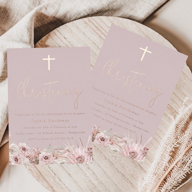 Dusty Pink Mauve Baby Girls Christening Rose Gold Foil Invitation (Creator Uploaded)