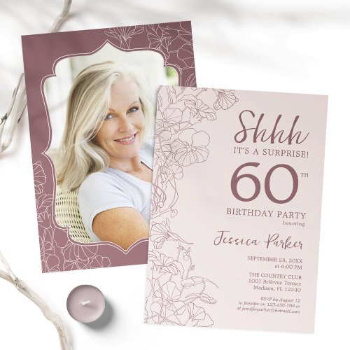 Dusty Pink Mauve Photo Surprise 60th Birthday Invitation