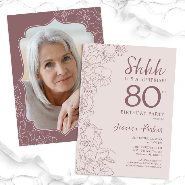 Dusty Pink Mauve Photo Surprise 80th Birthday Invitation | Zazzle