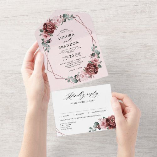 Dusty Pink Mauve Rose Floral Geometric Wedding  Al All In One Invitation
