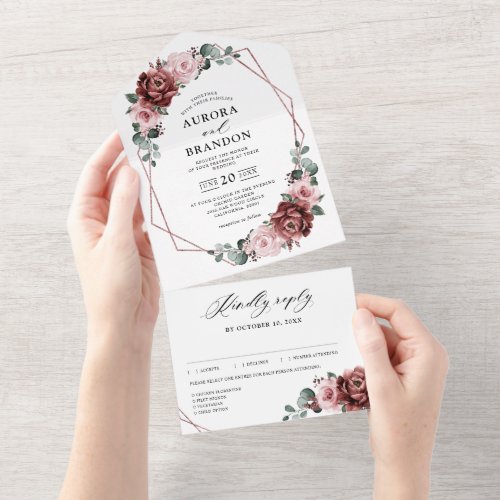 Dusty Pink Mauve Rose Floral Geometric Wedding  All In One Invitation