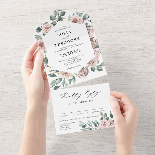 Dusty Pink Mauve Rose Floral Geometric Wedding   All In One Invitation (Tearaway)