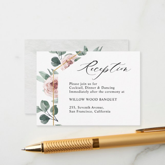 Dusty Pink Mauve Rose Floral Geometric Wedding  Enclosure Card (Front/Back In Situ)