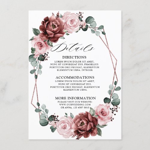 Dusty Pink Mauve Rose Floral Geometric Wedding  Enclosure Card