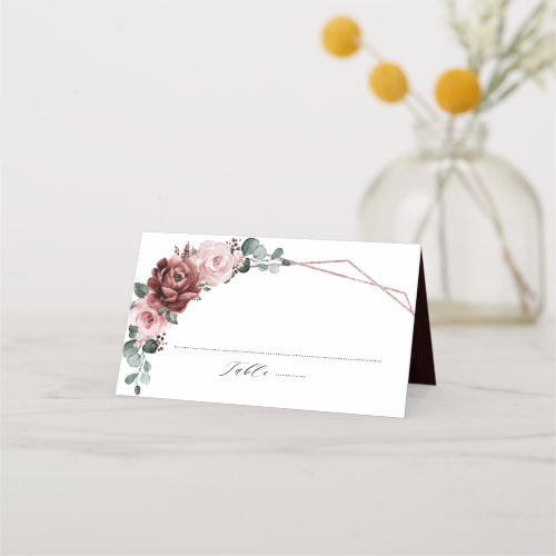 Dusty Pink Mauve Rose Floral Geometric Wedding  Place Card