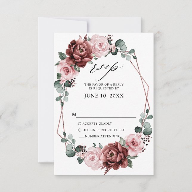 Dusty Pink Mauve Rose Floral Geometric Wedding  RSVP Card (Front)