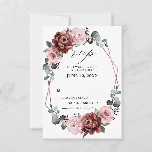 Dusty Pink Mauve Rose Floral Geometric Wedding RSVP Card | Zazzle