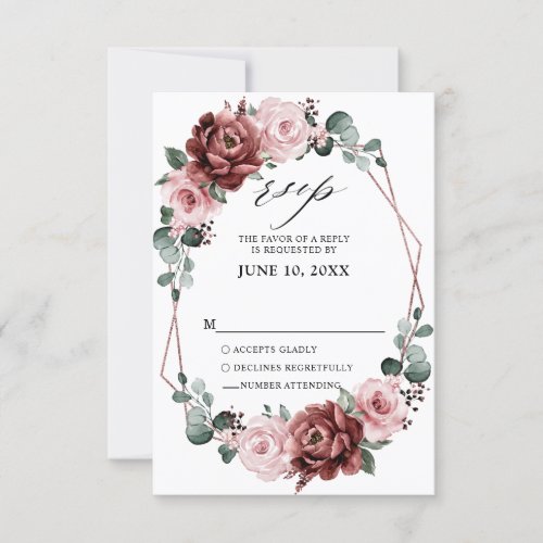 Dusty Pink Mauve Rose Floral Geometric Wedding  RSVP Card