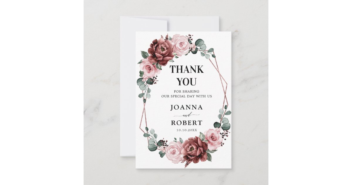 Dusty Pink Mauve Rose Floral Geometric Wedding Thank You Card | Zazzle