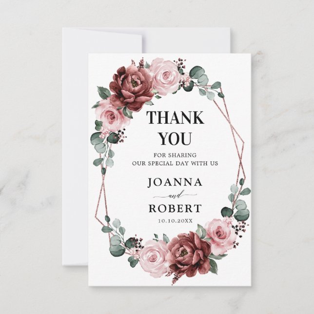 Dusty Pink Mauve Rose Floral Geometric Wedding  Thank You Card (Front)