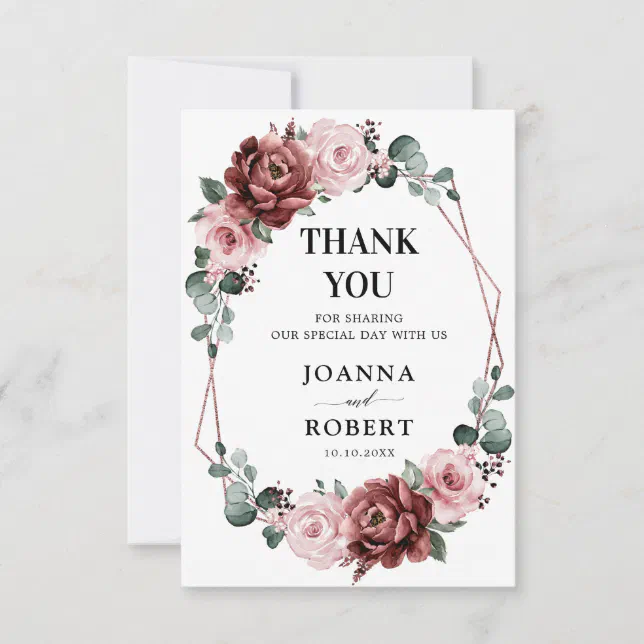 Dusty Pink Mauve Rose Floral Geometric Wedding Thank You Card | Zazzle