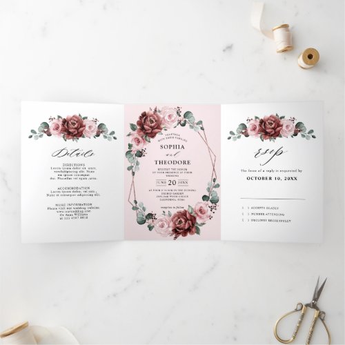 Dusty Pink Mauve Rose Floral Geometric Wedding  Tr Tri_Fold Announcement