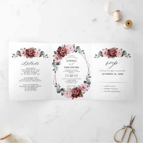 Dusty Pink Mauve Rose Floral Geometric Wedding  Tri_Fold Announcement