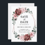 Dusty Pink Mauve Rose Geometric Save the Date<br><div class="desc">Elegant and modern floral midsummer wedding save the date card features a bouquet of watercolor roses peonies in shades of dusty rose, dusty pink , mauve, sage with lush green botanical leaves and eucalyptus. Please find more matching designs and variations from my "blissweddingpaperie" store. And feel free to contact me...</div>