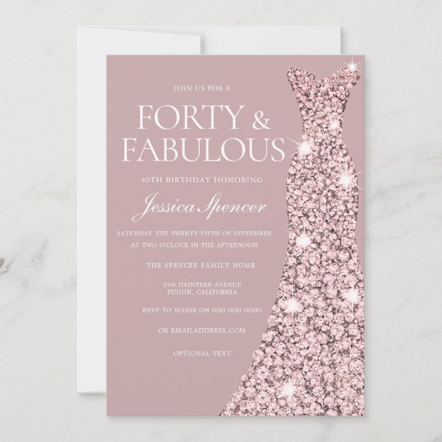Dusty Pink Mauve Rose Gold Dress 40th Birthday Invitation (Front)