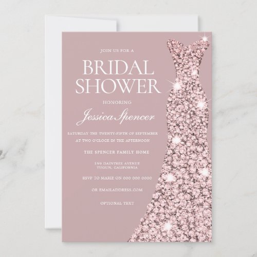 Dusty Pink Mauve Rose Gold Dress Bridal Shower Invitation