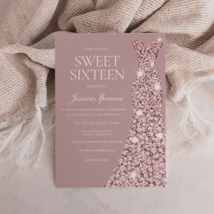Dusty Pink Mauve Rose Gold Dress Sweet 16 Sixteen Invitation