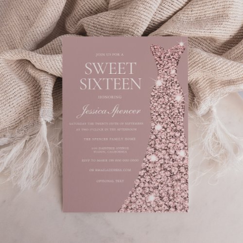 Dusty Pink Mauve Rose Gold Dress Sweet 16 Sixteen Invitation