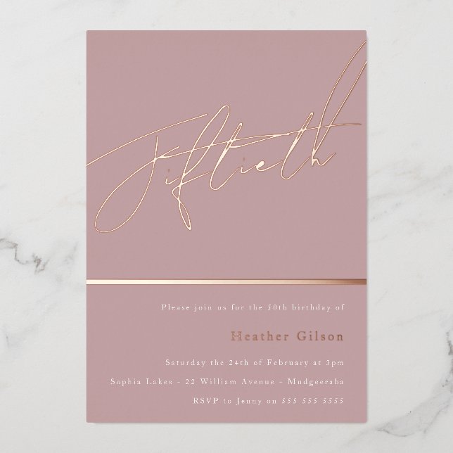Dusty Pink Mauve Rose Gold Fiftieth 50th Birthday Foil Invitation (Front)