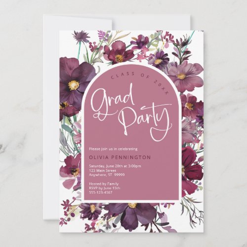 Dusty Pink Mauve Wildflowers Grad Party Invitation