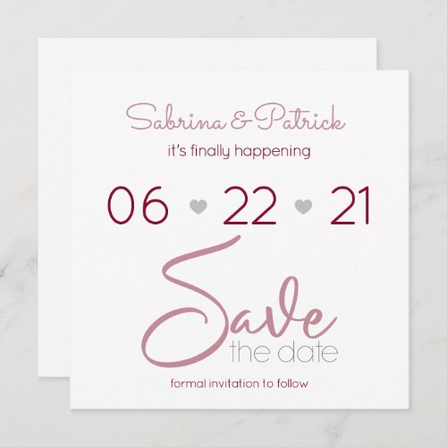 Dusty Pink Merlot and Grey Minimal Save the Date Invitation