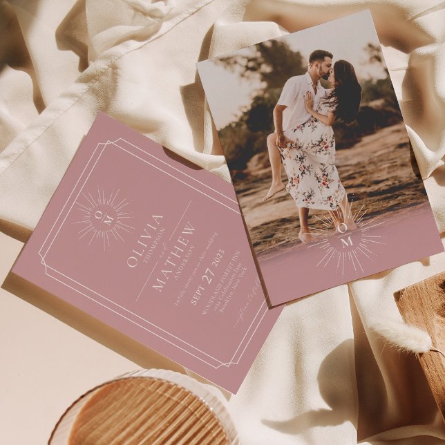 Dusty Pink Mid Century 70s Monogram Photo Wedding Invitation (Creator Uploaded)