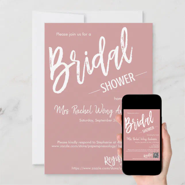 Dusty Pink Minimal Script Bridal Shower QR Code Invitation | Zazzle