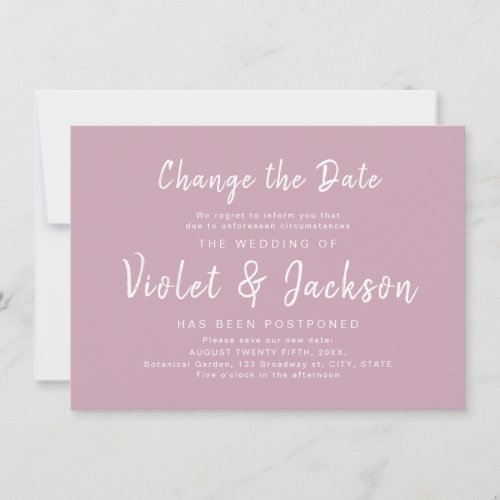 Dusty pink minimal script change the date wedding invitation