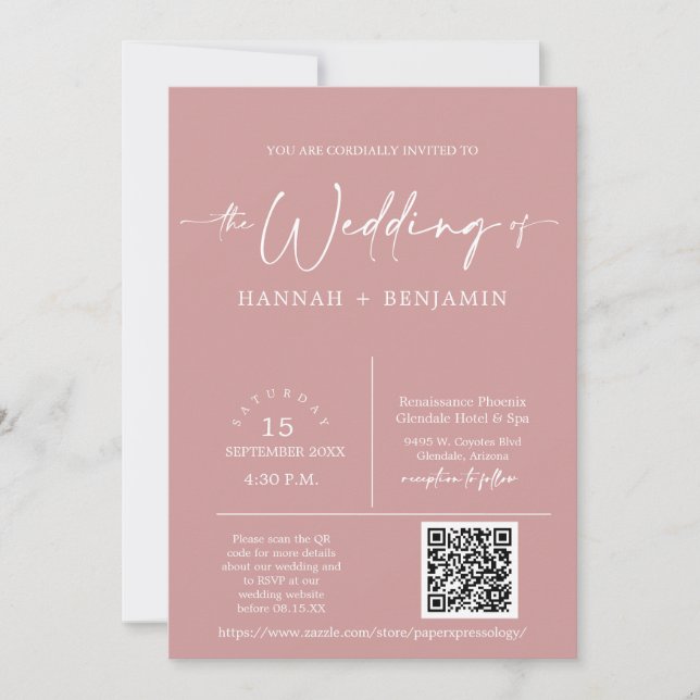 Dusty Pink Minimal Wedding Boho Arch QR Code Photo Invitation (Front)