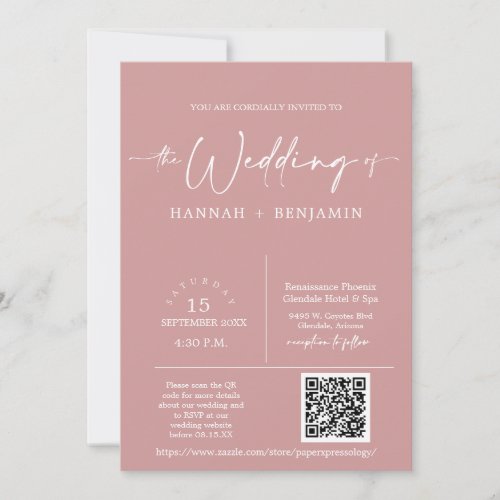 Dusty Pink Minimal Wedding Boho Arch QR Code Photo Invitation