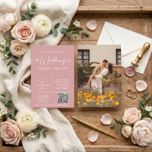 Dusty Pink Minimal Wedding Boho Arch QR Code Photo Invitation