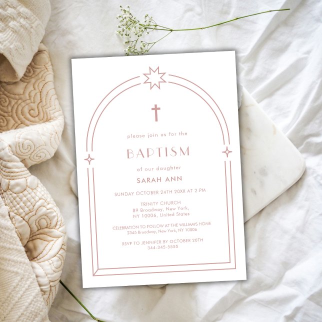 Dusty Pink Minimalist Boho Arch Cross Baptism  Invitation (Dusty Pink Minimalist Boho Arch Cross Baptism Invitation)
