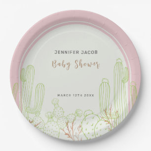 Dusty Pink Minimalist Boho Cactus Arch Baby Shower Paper Plates