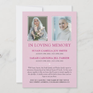 Dusty Pink Minimalist Photo Twins Memorial Service Announcement