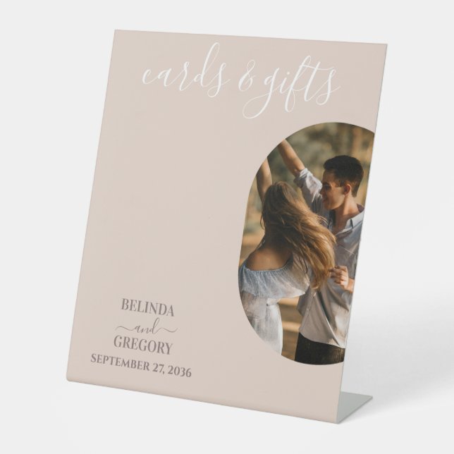 Dusty Pink Minimalist Photo Wedding Cards & Gifts Pedestal Sign (Front)